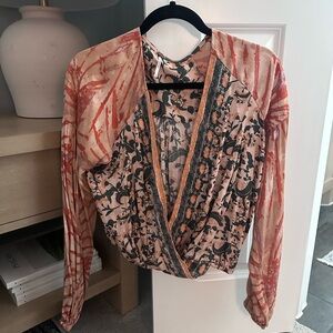 Free People Orange and Black Patterned Blouse